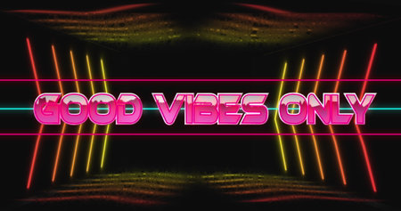Image of good vibes only text between lines over arrows and abstract pattern in background....