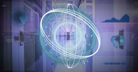 Image of scope scanning with white lines and data processing over server room. Global technology, computing and digital interface concept digitally generated image.の写真素材