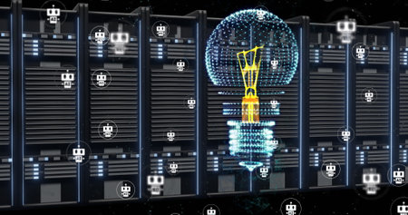 Image of lightbulb and ai chatbots over computer servers. Global artificial intelligence, cloud...