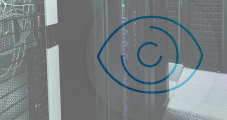 Image of eye retina round scanner against computer server room. Cyber security and business data...