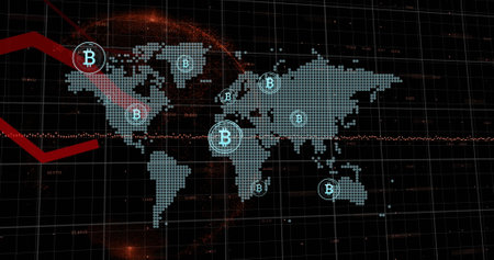 Image of bitcoins, lines and financial data processing over world map. Global computing, business, finance and data processing concept digitally generated image.の写真素材