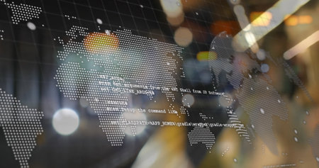 Image of world map, globe and processing data over underground train arriving at metro station....