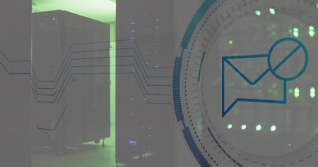 Image of message block icon over round scanner against computer server room. Cyber security and...