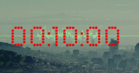 Image of diagrams and data processing with clock over cityscape. Global business, time and digital...