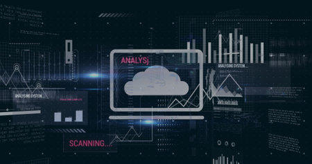 Image of multiple icons over texts, graphs and computer language against black background. Digitally generated, hologram, illustration, report, business, cloud computing, coding and technology.の写真素材