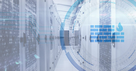 Image of firewall icon over round scanner against computer server room. Cyber security and business...