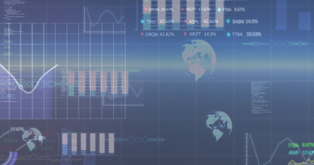 Image of globes, graphs and charts processing data on blue sky and horizon. Global communication,...