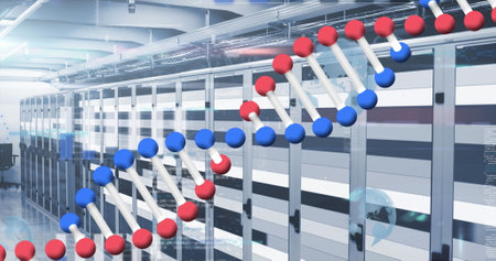 Image of data processing over server room. Global connections and digital data processing concept...
