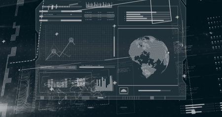 Image of multiple graphs, globes, text, map and loading bars over black background. Digitally...