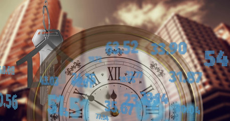 Image of stock market and keys and house with clock over cityscape. Global business, time and...