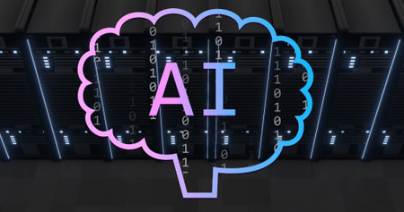Image of ai text and binary coding data processing over computer servers. Global artificial...