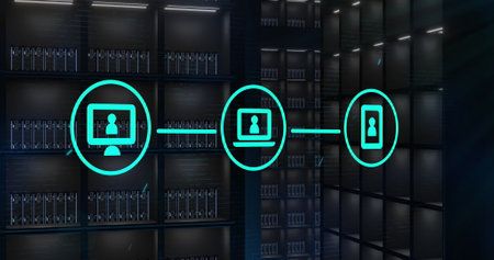 Image of connections with icons over computer servers. Global cloud computing, digital interface and data processing concept digitally generated image.の写真素材
