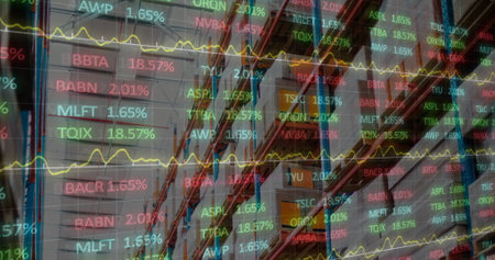 Image of stock market and financial data processing over empty warehouse. global shipping, delivery and connections concept digitally generated image.の写真素材