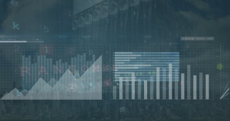 Image of graphs and charts processing data over computer server. Global communication, business,...