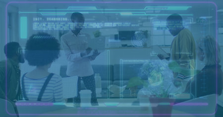 Image of digital screen over diverse coworkers in office. Business, finance and economy concept...