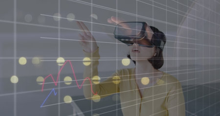 Image of financial data processing over woman wearing vr headset. Global connections, business,...