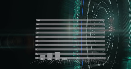 Image of data processing with light trails on black background. Global technology, computing and...