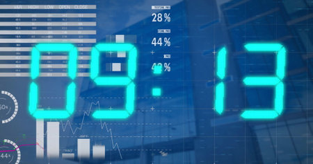 Image of diagrams and data processing with clock over cityscape. Global business, time and digital...