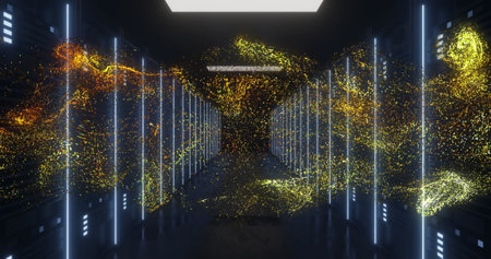 Image of orange glowing mesh over computer servers. Global cloud computing, digital interface and...