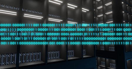 Image of binary coding data processing over computer servers. Global cloud computing, digital interface and data processing concept digitally generated image.の写真素材