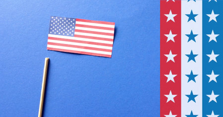 Image of flag of united states of america on blue background. American independence, tradition and celebration concept digitally generated image.の写真素材