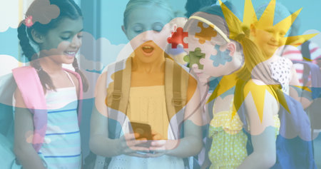 Image of puzzle pieces and clouds over diverse schoolchildren using smartphone. autism awareness...