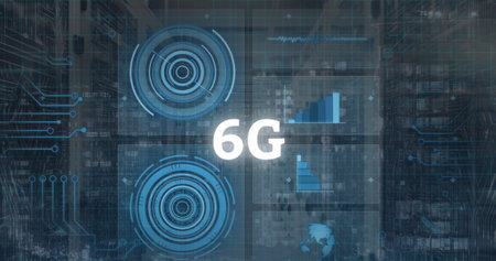Image of 6g text and data processing over cityscape and computer servers. Global computing, data...