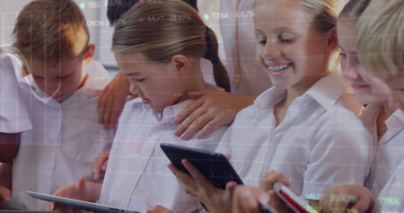 Image of data processing over diverse schoolchildren and teacher using tablets in classroom. Global...
