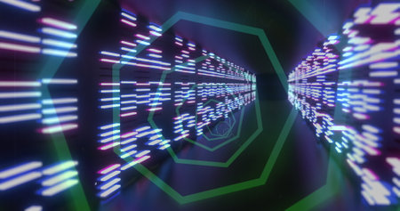 Image of tunnel with neon shapes over moving columns on black background. global technology, social...