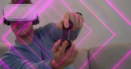 Image of tunnel with neon shapes over caucasian man using vr headset. global technology, social...