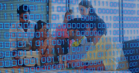 Image of binary coding and data processing over business people working in office. Global business, finance and data processing concept digitally generated image.の写真素材