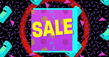 Sale written in yellow with blue retro cellphones and graphic elements moving on colourful...
