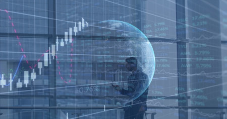 Image of globe, financial data and graphs over caucasian businessman using smartphone. business,...