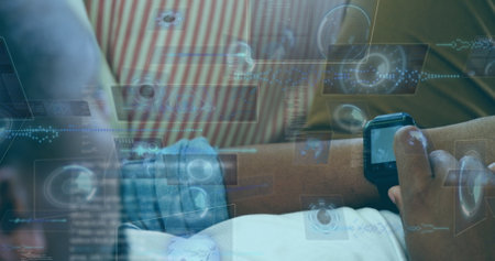 Image of data processing over african american man using smartwatch. Global business and digital...