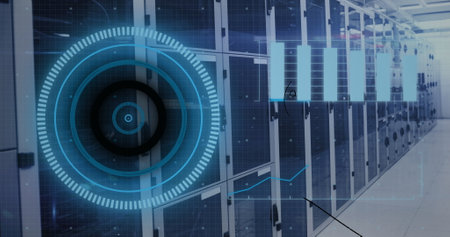 Image of round scanner, statistical data processing and mathematical equations over server room....