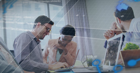 Image of data processing over diverse business people in office. Global business and digital interface concept digitally generated image.の写真素材