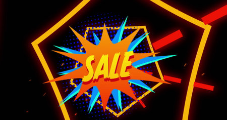 Sale written in yellow on comic book flash with orange hexagons moving on black background. vintage...