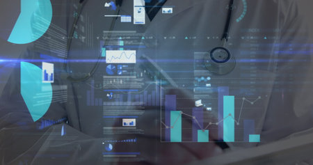 Image of financial data over hands of caucasian male doctor writing. finance, economy, medicine, health and technology concept digitally generated image.の写真素材
