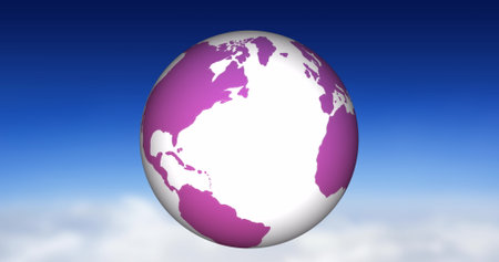 Image of white and purple globe spinning over sky background. Global travel, technology, digital interface and data processing concept digitally generated image.の写真素材