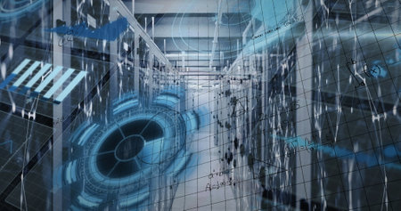 Image of mathematical equations over interface with data processing against server room. Computer...