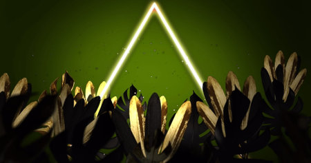 Image of copy space and neon triangle over leaves on green background. Retro future and digital interface concept digitally generated image.の写真素材