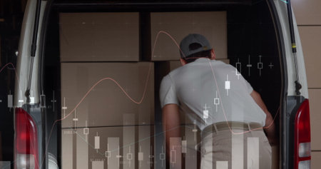 Image of statistics and financial data processing over delivery man and van. global shipping, delivery, business, data processing and technology concept digitally generated image.の写真素材