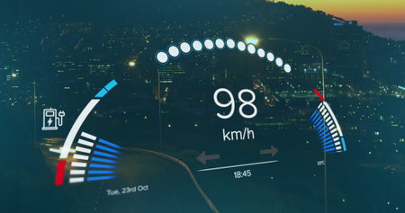 Image of changing numbers in speedometer time-lapse of moving vehicles and silhouette of city....