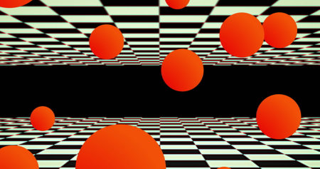 Floating red spheres with moving checkerboard squares above and below. vintage colour and movement...