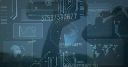Image of data processing on digital screen over caucasian man drinking water. Active lifestyle, communication and technology concept digitally generated image.の写真素材