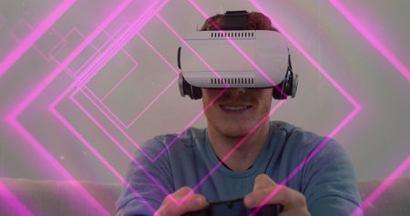 Image of tunnel with neon shapes over caucasian man using vr headset. global technology, social...