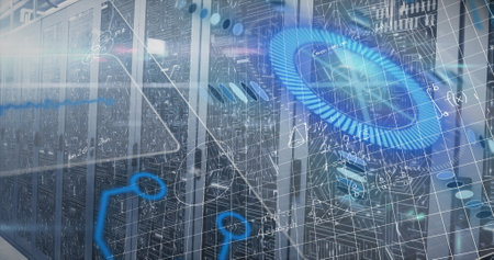 Image of mathematical equations over round scanner and data processing against server room. Computer...