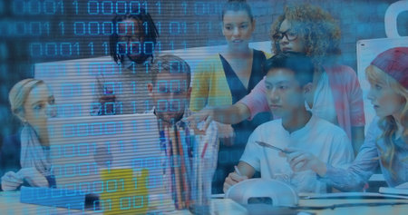 Image of binary coding and data processing over business people working in office. Global business, finance and data processing concept digitally generated image.の写真素材