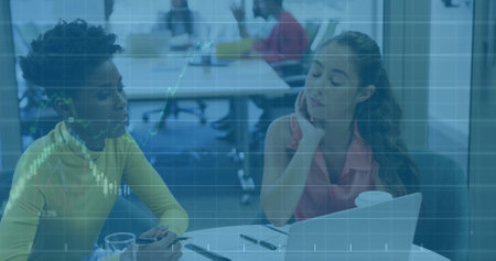 Image of financial data processing over diverse business people in office. Global finance, business,...