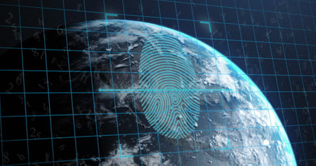 Image of biometric fingerprint and scope scanning over globe. Global online security, connections, business, finances, computing and data processing concept digitally generated image.の写真素材
